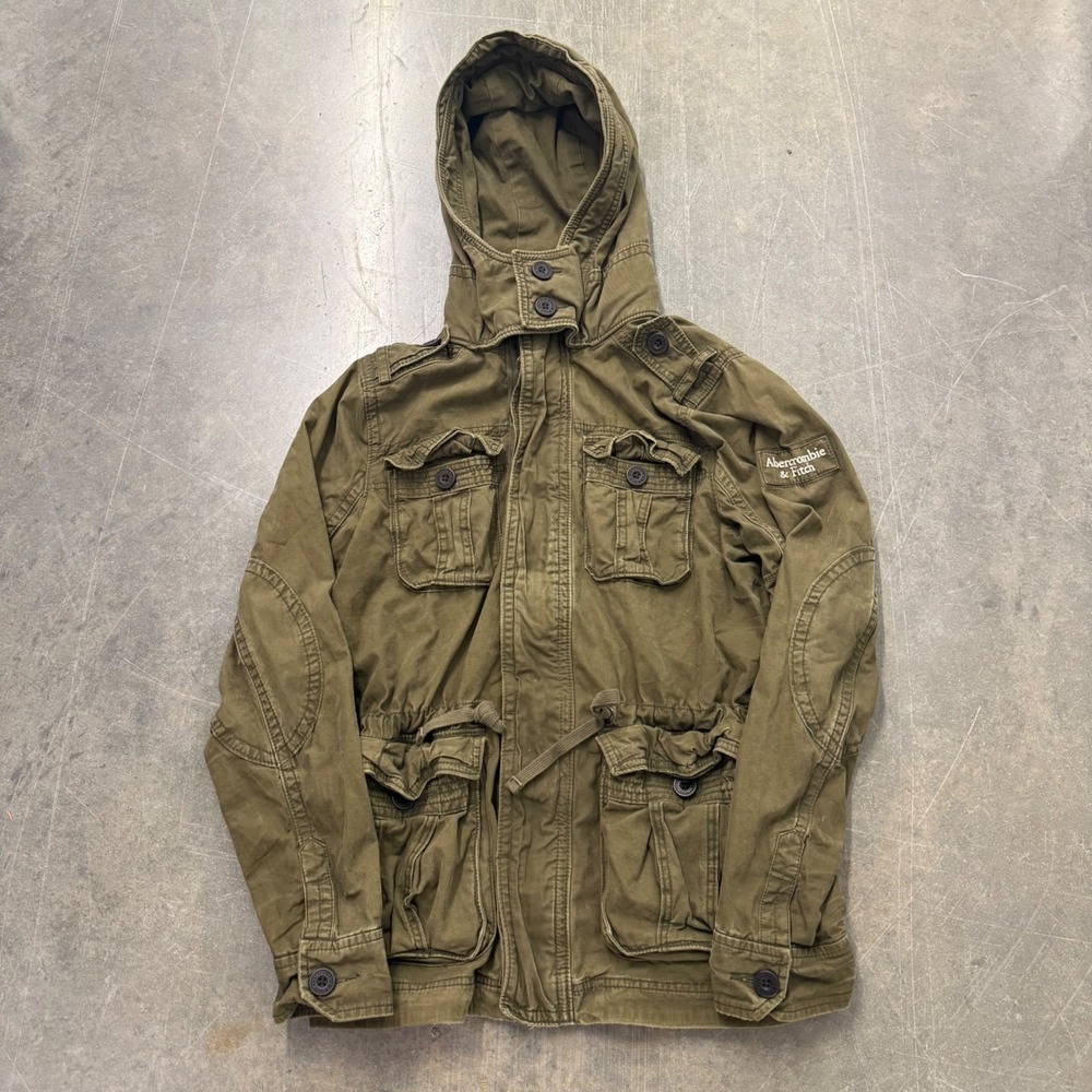 Abercrombie & Fitch Mens Military Field Jacket Olive Green Hooded Utility Coat M